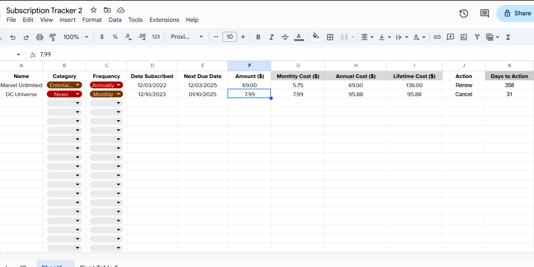 الگوی پیشرفته ردیاب اشتراک در Google Sheets