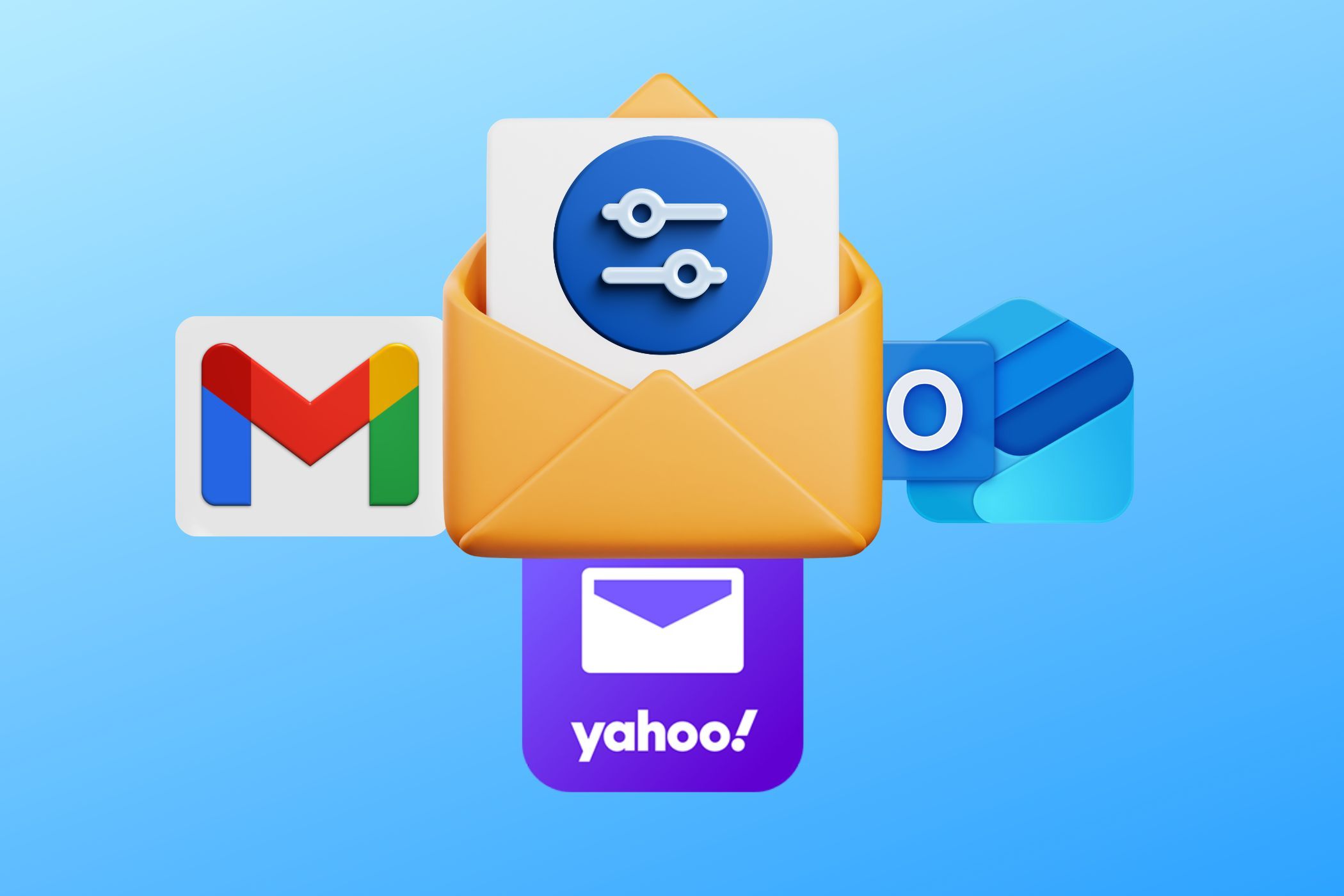 ایمیل با نماد فیلتر و لوگوی Gmail، Yahoo Mail و Outlook