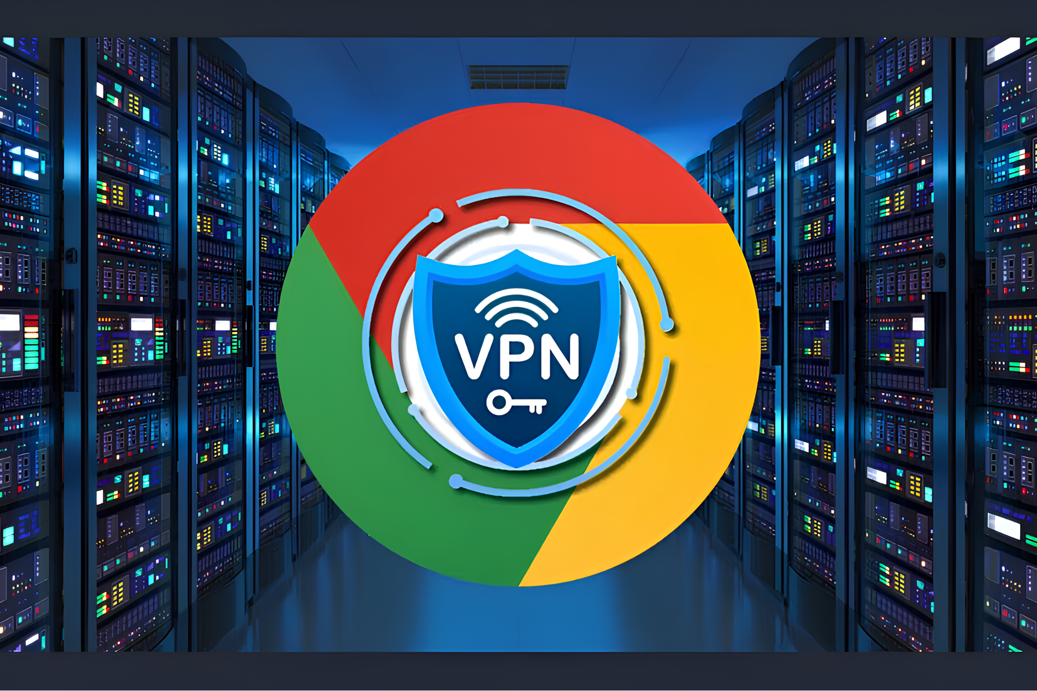 نشان‌واره مرورگر Google Chrome با نشان VPN در اتاق سرور