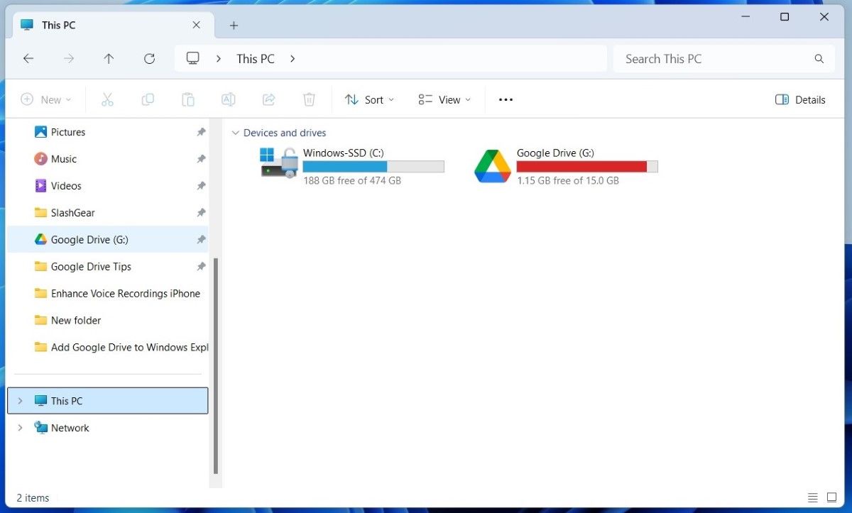 Google Drive در Windows 11 File Explorer