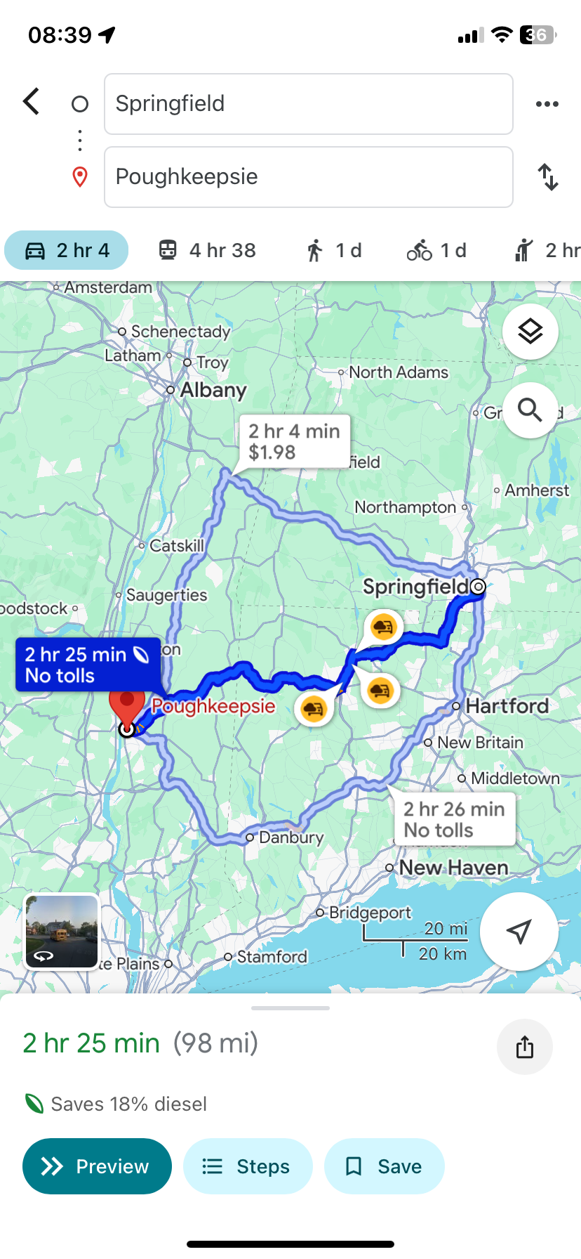 Google Maps کارآمدترین مسیر دیزلی را بین Springfield MA و Poughkeepsie NY نشان می دهد