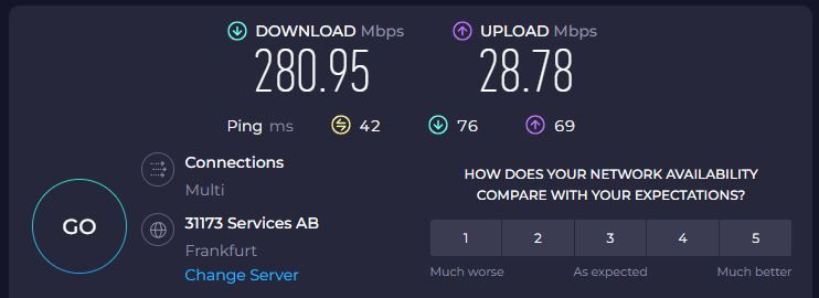 تصویری از پنجره تست سرعت که سرعت دانلود Mullvad VPN را نشان می دهد