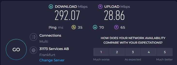 تصویری از تست سرعت که سرعت دانلود NordVPN را نشان می دهد