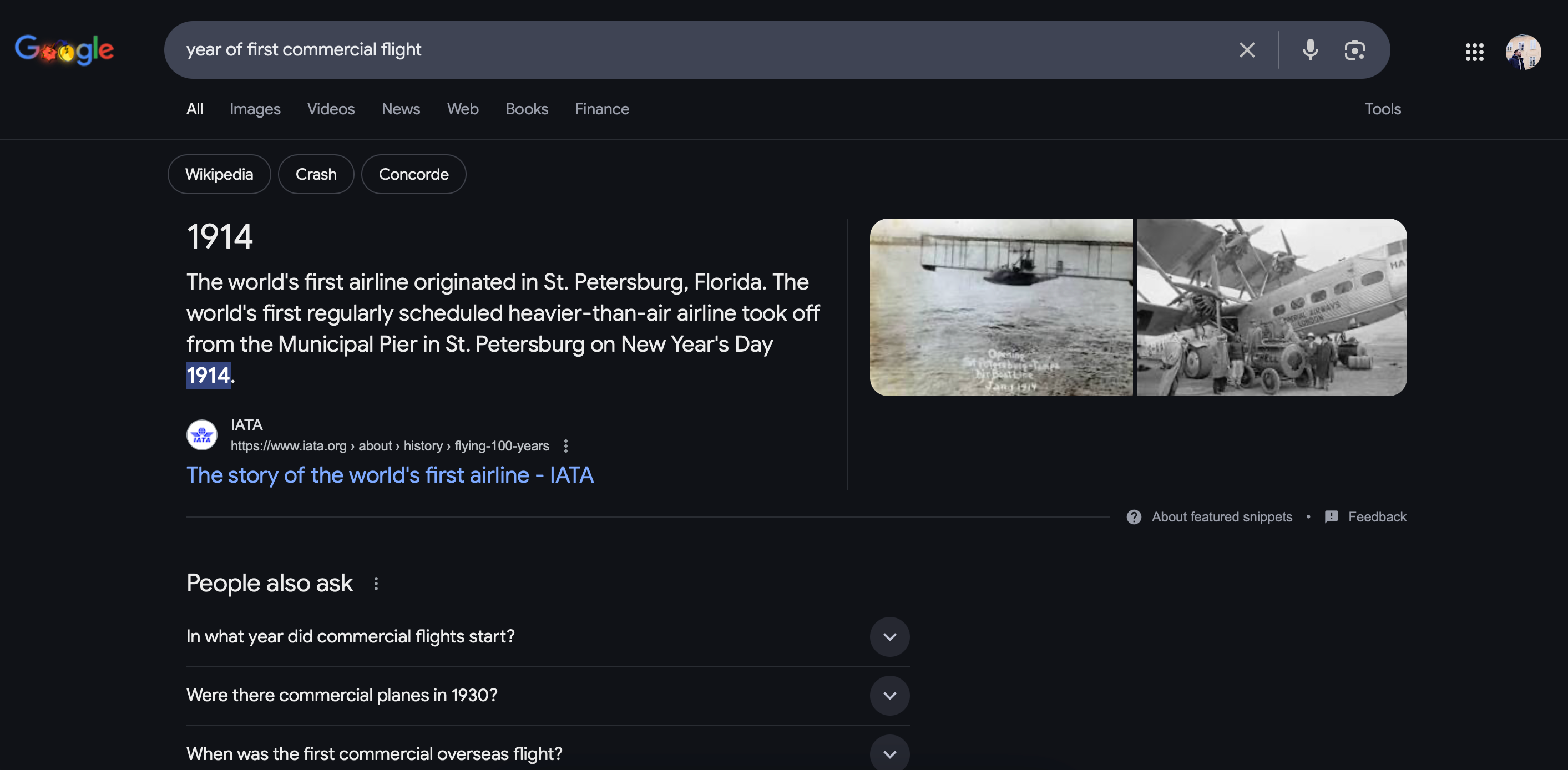جستجوی گوگل که اولین پرواز تجاری را نشان می دهد