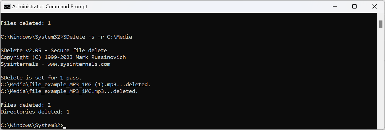 دستور SDelete در Command Prompt