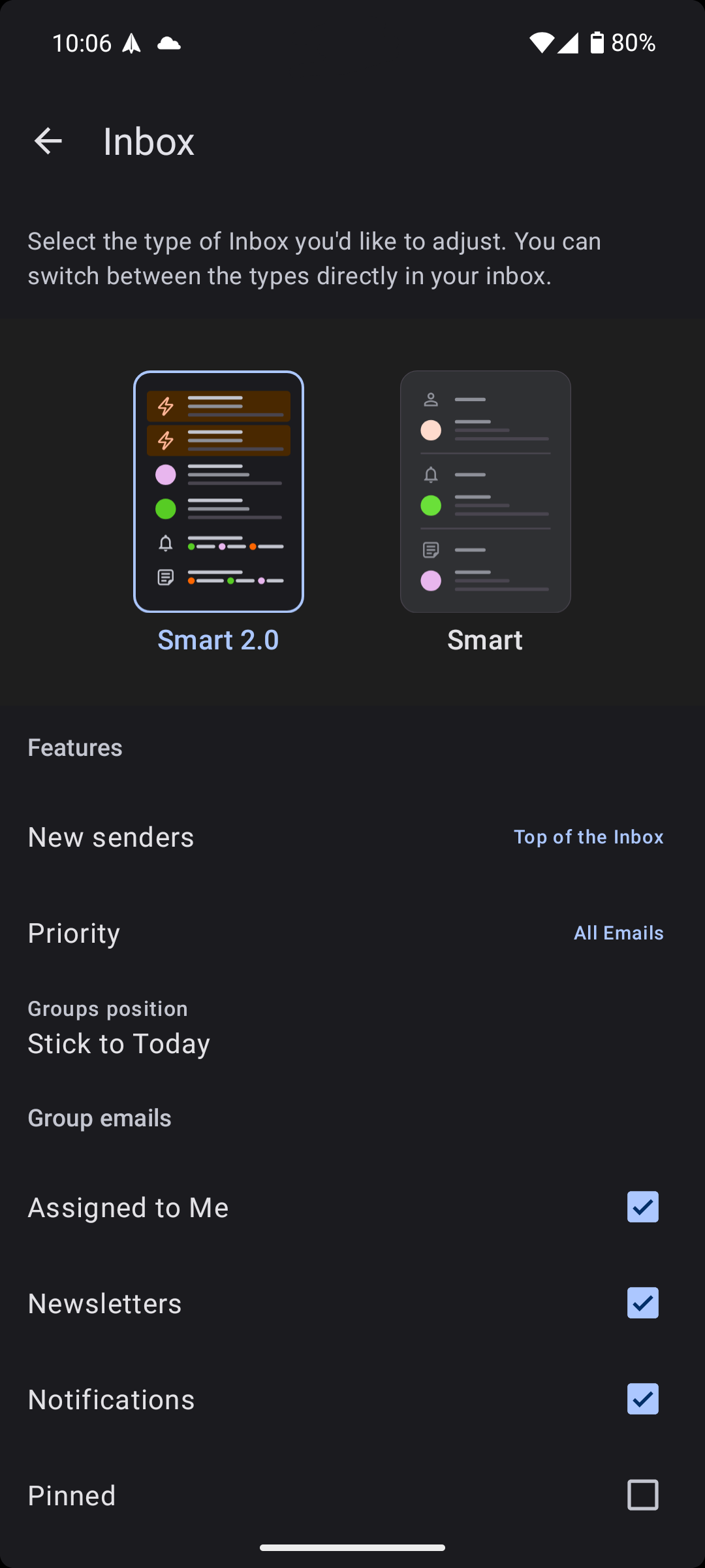 تنظیمات مشاهده Smart 2.0 در برنامه Spark Mail Android