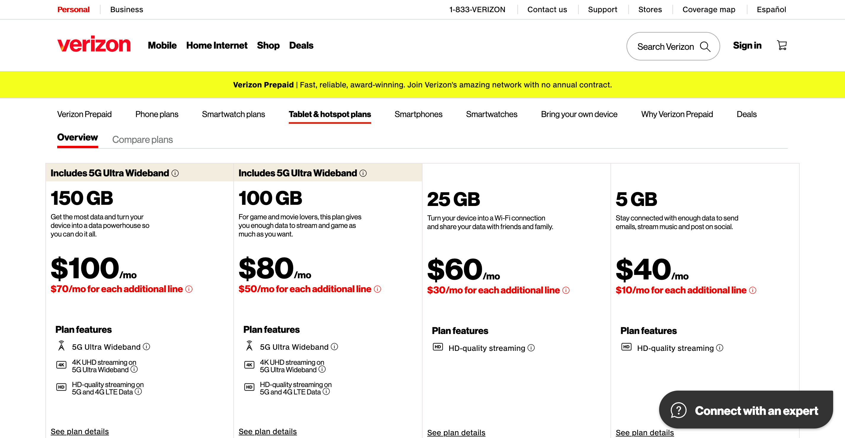 طرح‌های تبلت پیش‌پرداخت Verizon و هات اسپات تلفن همراه