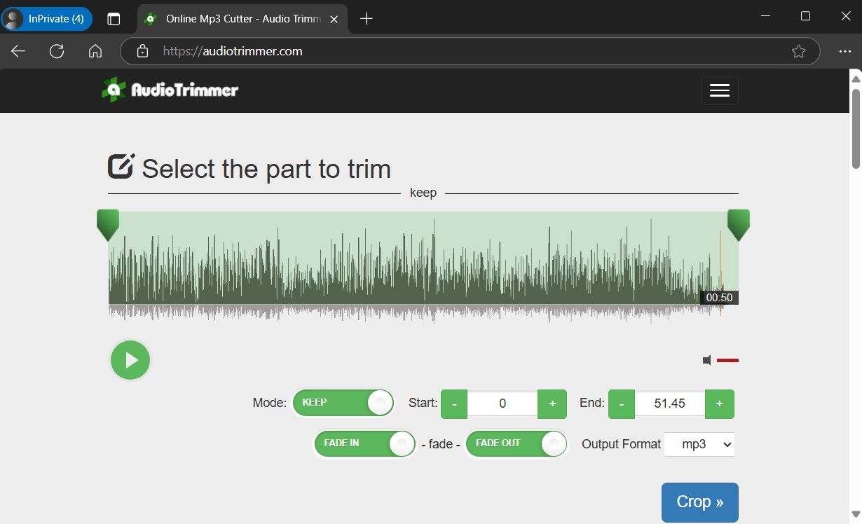 ابزار Audio Trimmer در مرورگر با گزینه‌های fade in و fade out فعال است