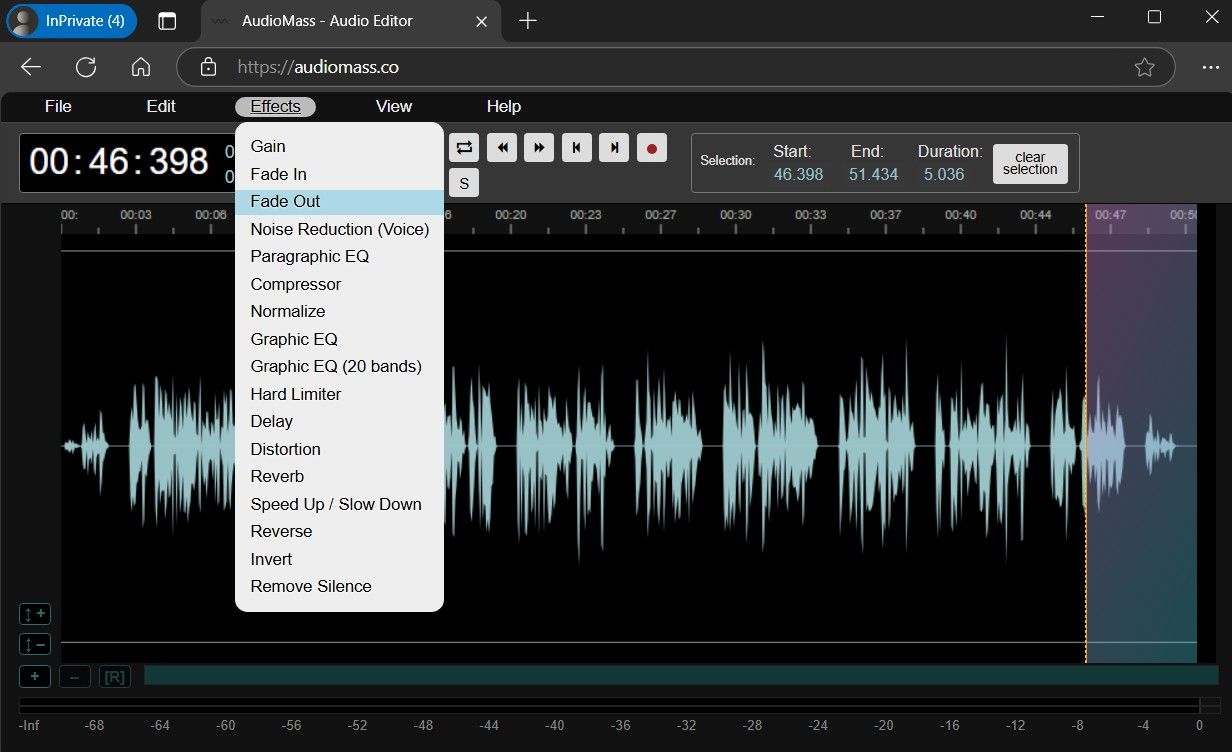 منوی جلوه ها که گزینه Fade out را در Audio Mass Audio Editor نشان می دهد