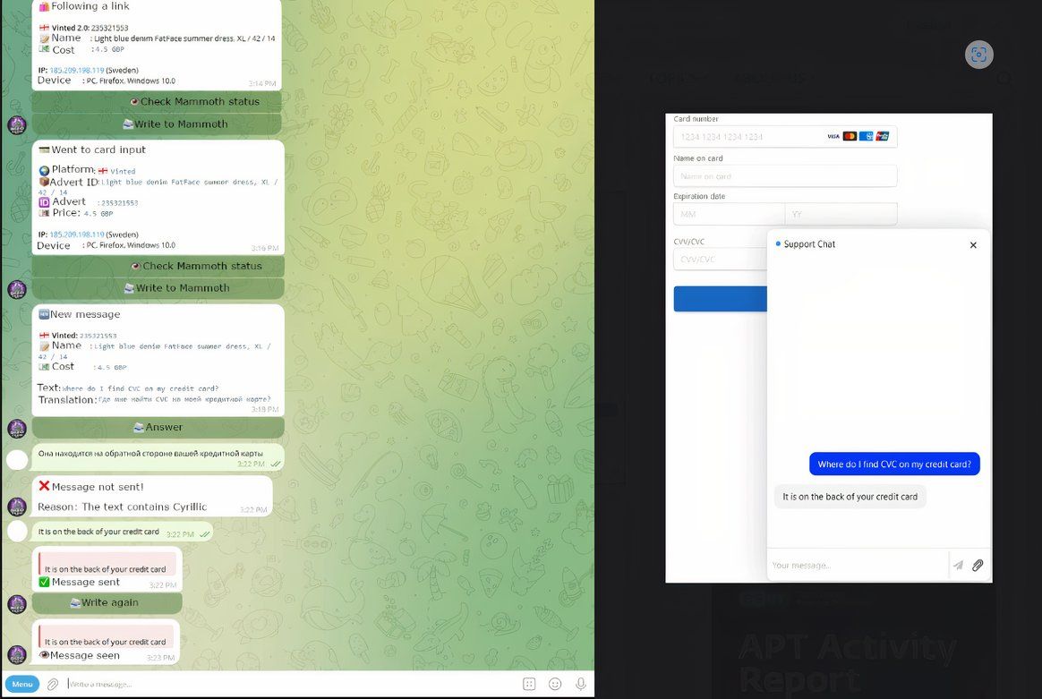 Telekopye Chatbot Telekopye Chatbot پنجره مهاجمان (سمت چپ) را نشان می دهد که در آن پیام ها ترجمه می شوند و قربانیان چه می بینند (راست)