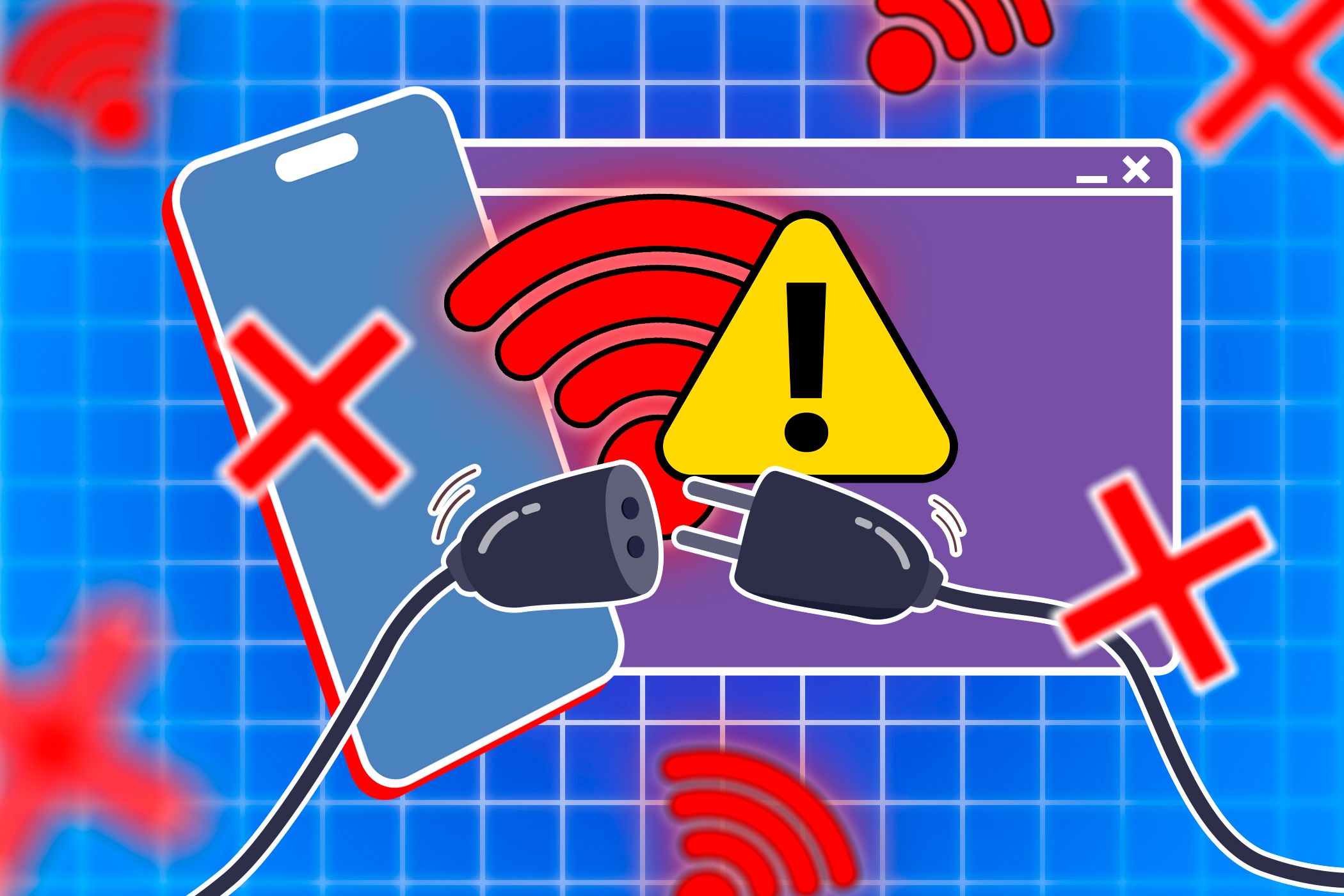 تصویر یک تلفن هوشمند و یک پنجره مرورگر با برخی از نمادهای Wi-Fi و Alert.