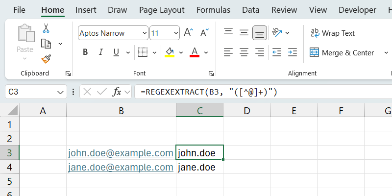 عملکرد RegexExtract در اکسل.